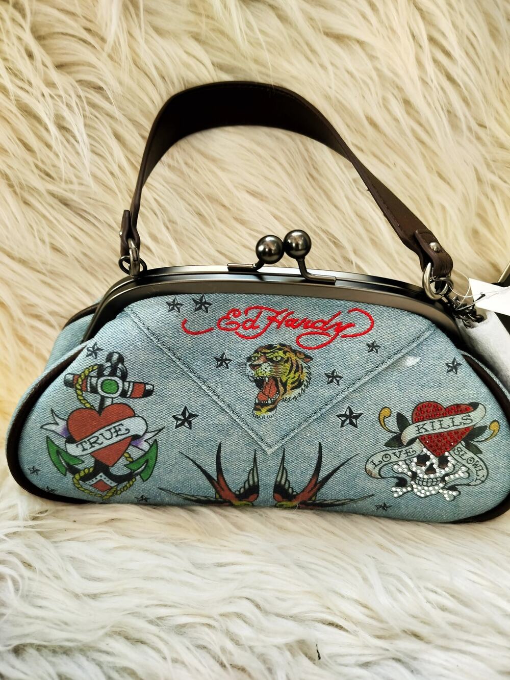 5996) Ed Hardy Y2K inspired Light Blue Denim Tattoo Kiss Lock Shoulder Bag
